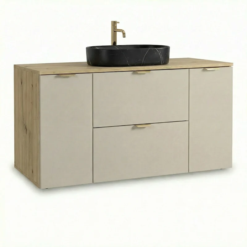 Badmöbel-Set: 120 cm Schrank mit 2 Schubladen, 2 Türen Orio - Kaschmir/Eiche artisan
