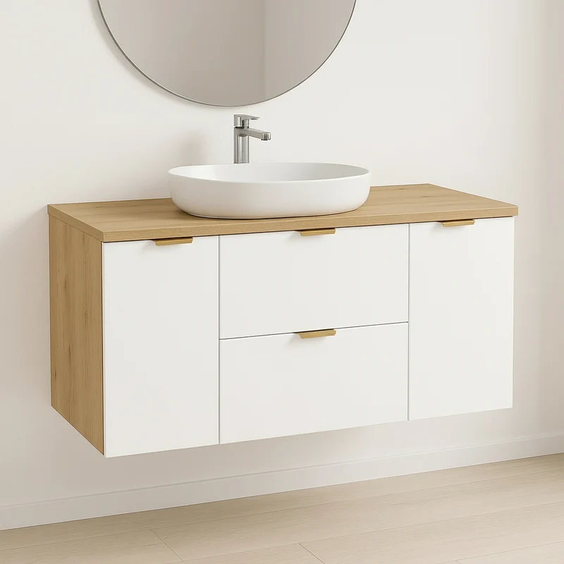 Waschtischunterschrank mit 2 Türen und 2 Schubladen 120 cm Orio - Weiß/Eiche Artisan