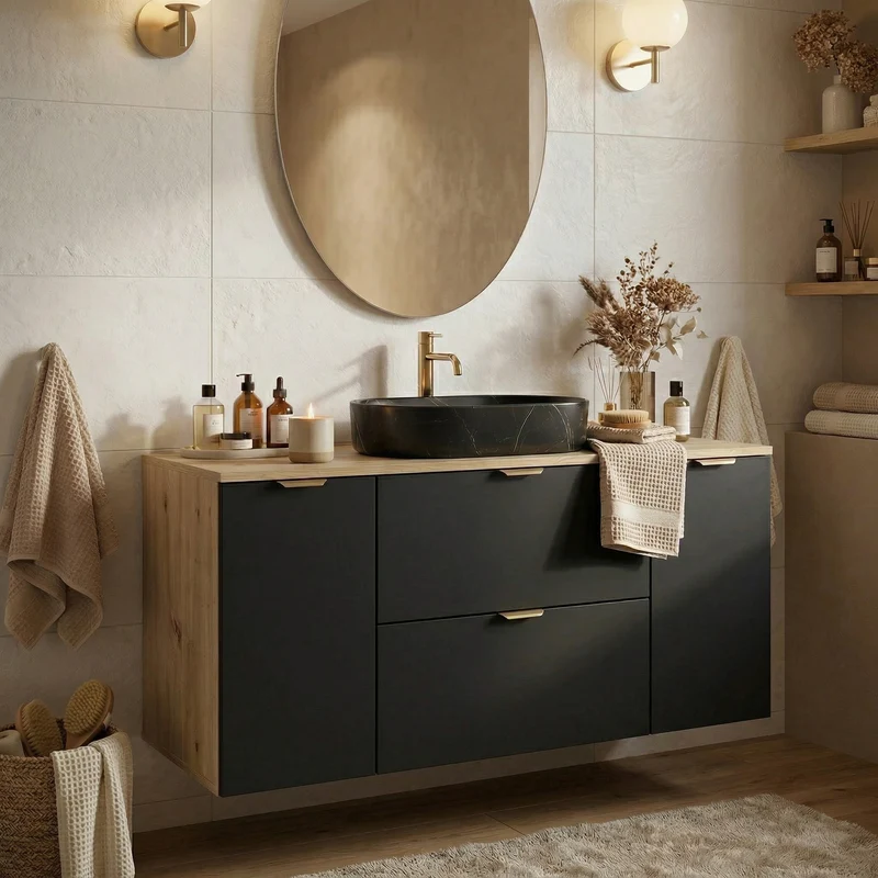 Waschtischunterschrank mit 2 Türen und 2 Schubladen 120 cm Orio - Schwarz/Eiche Artisan