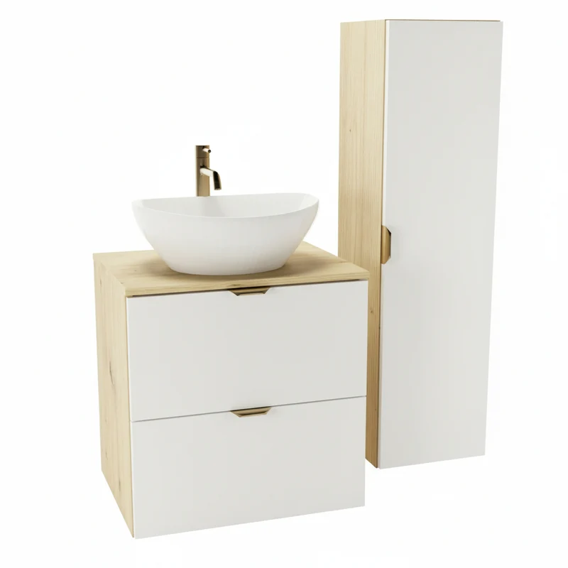 Bad Hochschrank 120 cm Orio - Weiß/Eiche Artisan