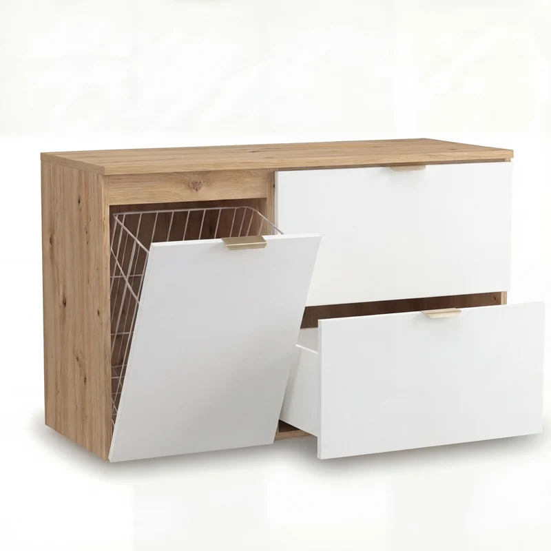 Waschtischunterschrank 100 cm mit Wäschekorb Orio - Weiß/Eiche artisan