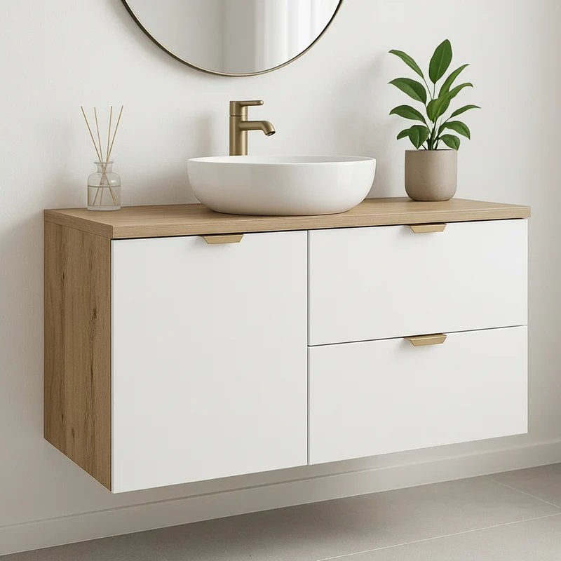 Waschtischunterschrank 100 cm mit Wäschekorb Orio - Weiß/Eiche artisan