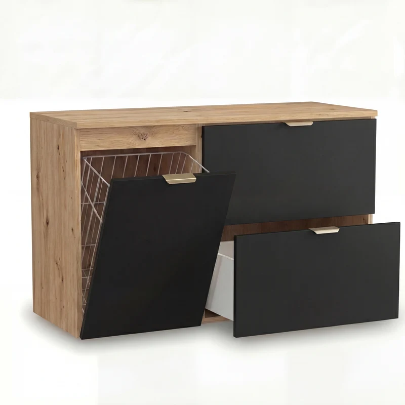 Waschtischunterschrank 100 cm mit Wäschekorb Orio - Schwarz/Eiche artisan