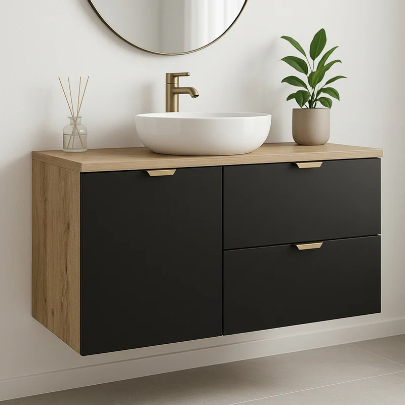 Waschtischunterschrank 100 cm mit Wäschekorb Orio - Schwarz/Eiche artisan