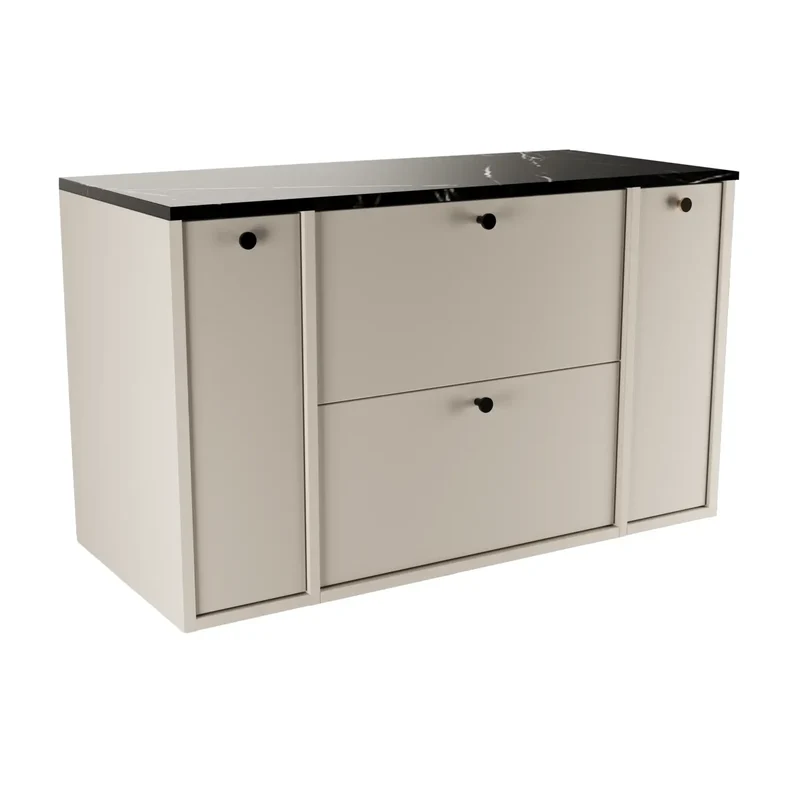 Waschtischunterschrank 100 cm mit 2 Regal, glatte Fronten Belino - Kaschmir/Marmor Schwarz