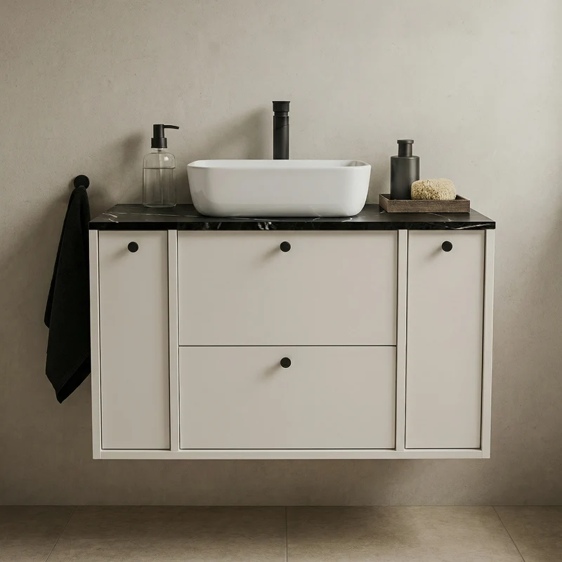 Waschtischunterschrank 100 cm mit 2 Regal, glatte Fronten Belino - Kaschmir/Marmor Schwarz