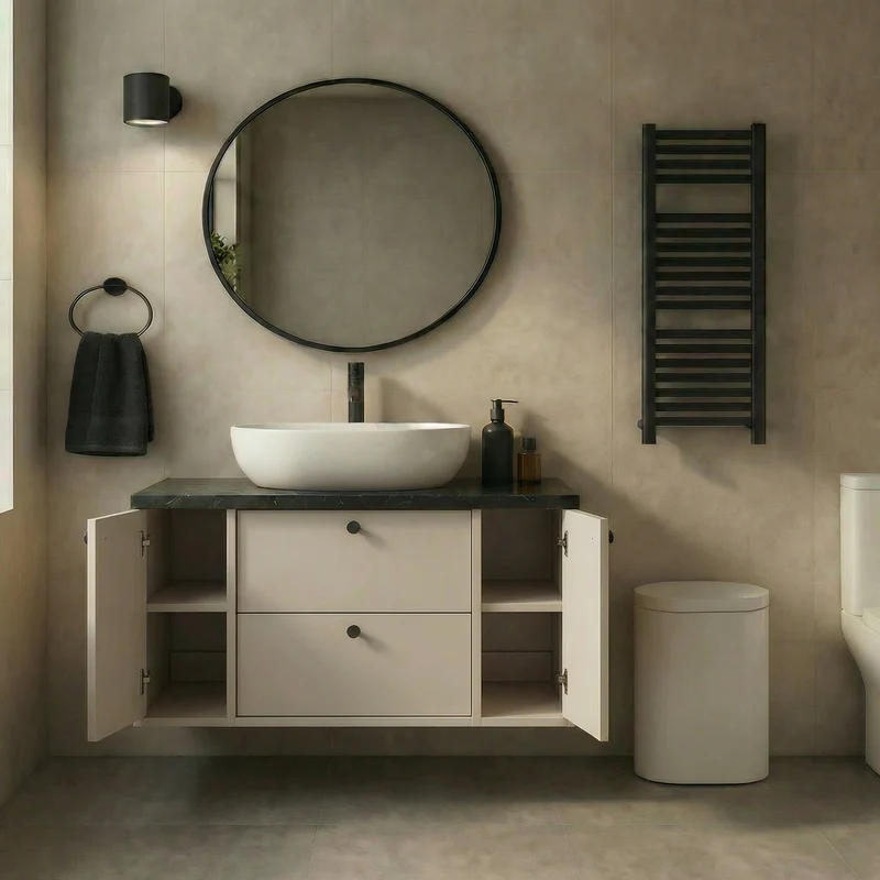 Waschtischunterschrank 100 cm mit 2 Regal, glatte Fronten Belino - Kaschmir/Marmor Schwarz