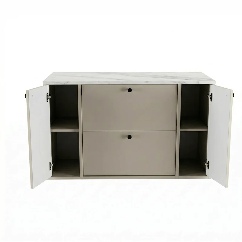 Waschtischunterschrank 100 cm mit 2 Regal, glatte Fronten Belino - Kaschmir/Marmor Bianco