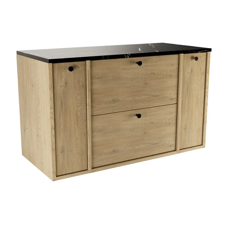 Waschtischunterschrank 100 cm mit 2 Regal, glatte Fronten Belino - Eiche Cremona/Marmor Schwarz