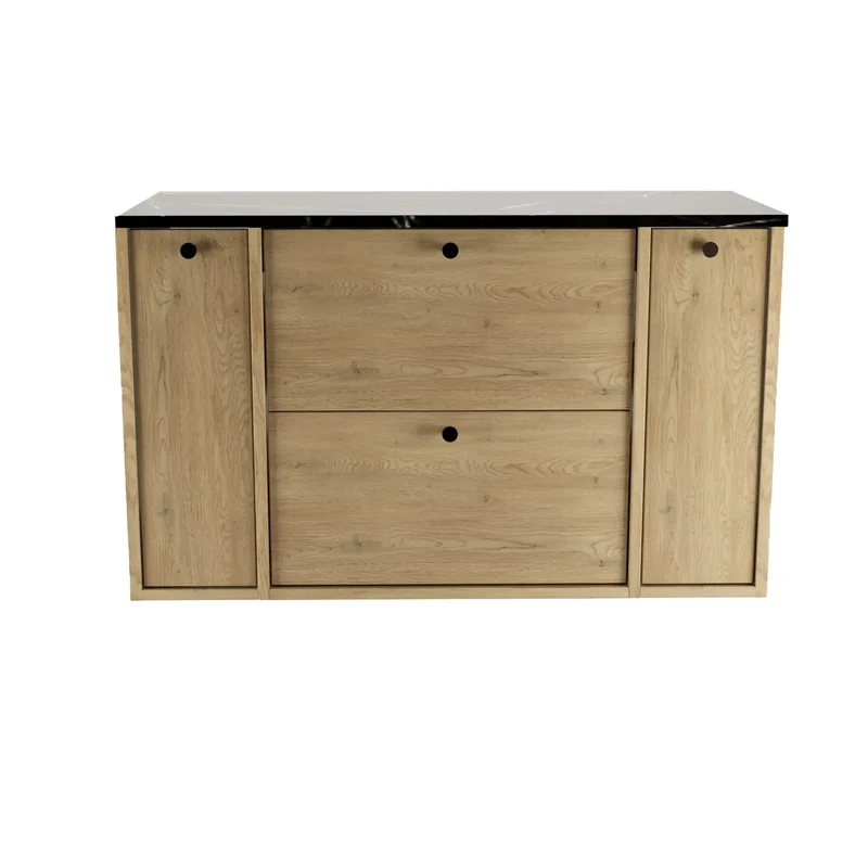 Waschtischunterschrank 100 cm mit 2 Regal, glatte Fronten Belino - Eiche Cremona/Marmor Schwarz