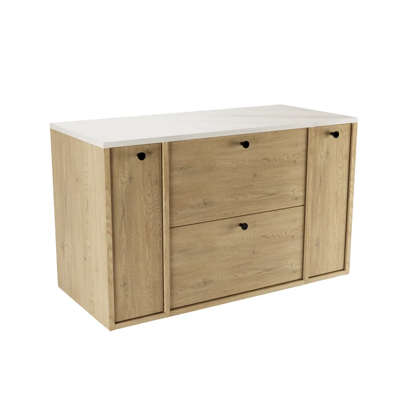 Waschtischunterschrank 100 cm mit 2 Regal, glatte Fronten Belino - Eiche Cremona/Marmor Bianco