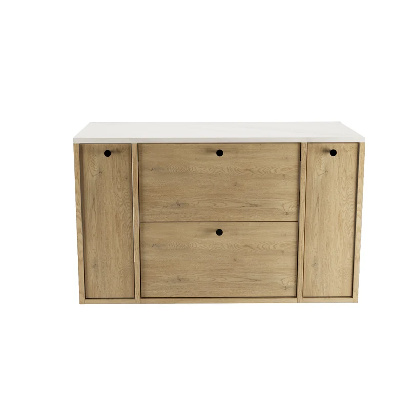 Waschtischunterschrank 100 cm mit 2 Regal, glatte Fronten Belino - Eiche Cremona/Marmor Bianco