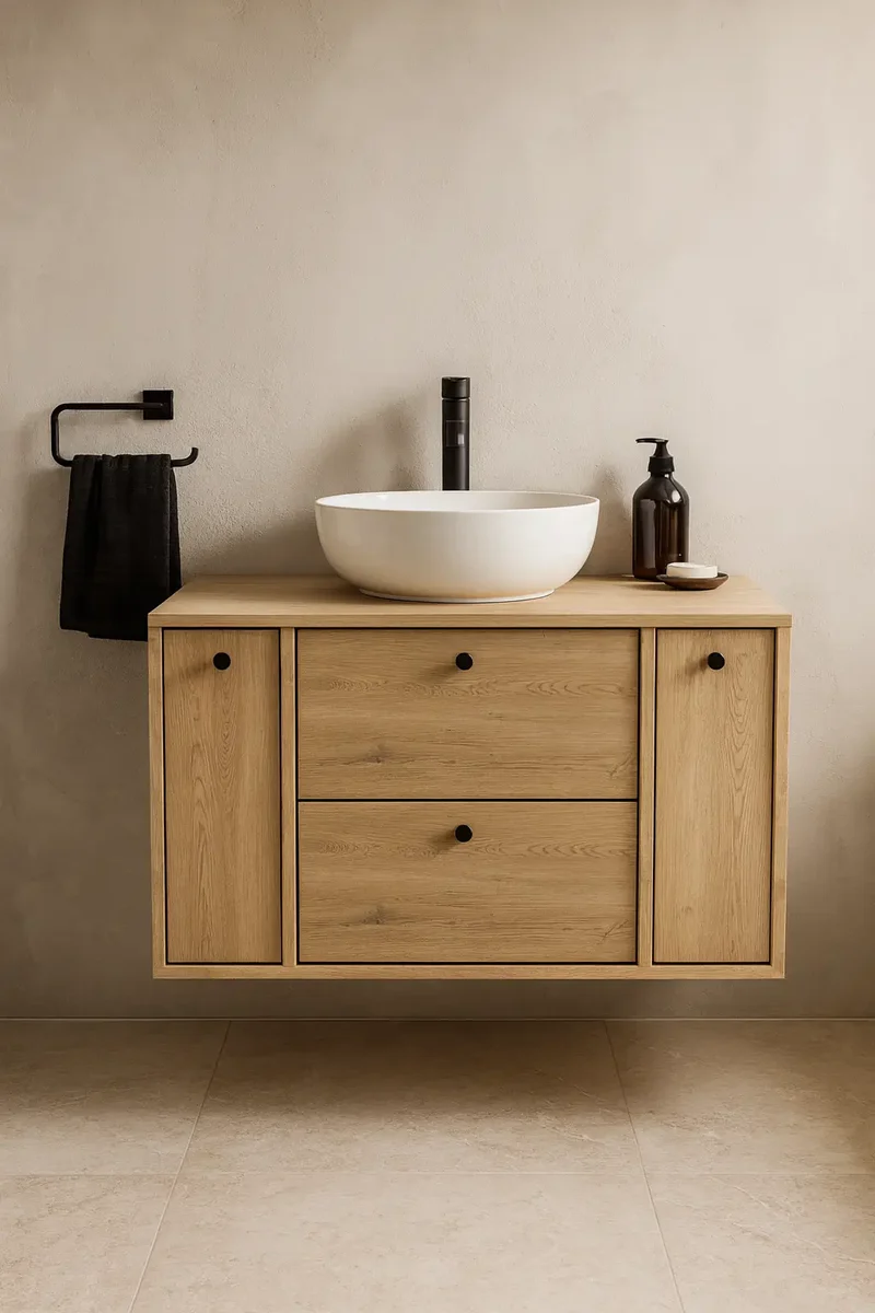 Waschtischunterschrank 100 cm mit 2 Regal, glatte Fronten Belino - Eiche Cremona