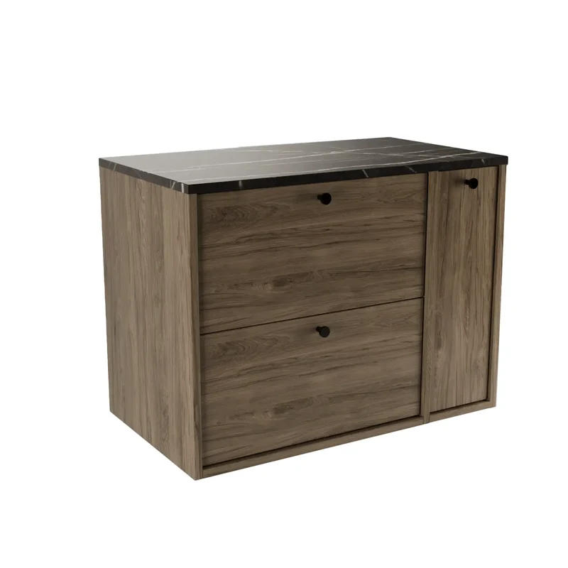 Waschtischunterschrank 80 cm mit Regal, glatte Fronten Belino - Walnuss Dunkel/Marmor Schwarz