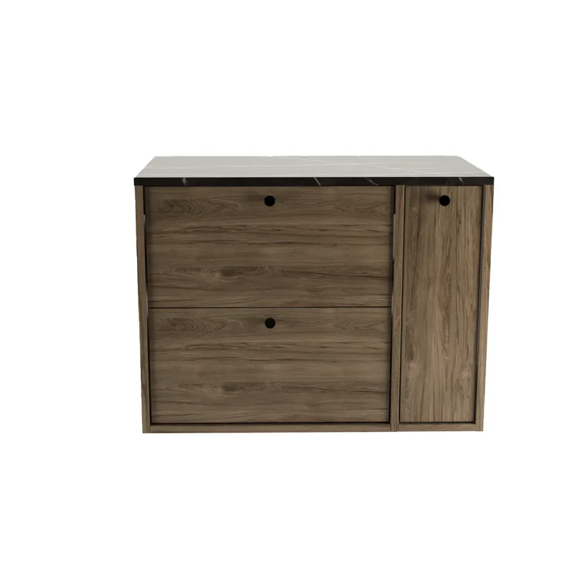 Waschtischunterschrank 80 cm mit Regal, glatte Fronten Belino - Walnuss Dunkel/Marmor Schwarz