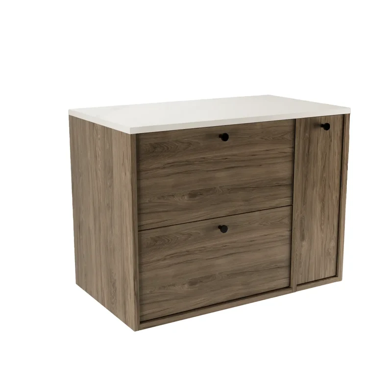 Waschtischunterschrank 80 cm mit Regal, glatte Fronten Belino - Walnuss Dunkel/Marmor Bianco
