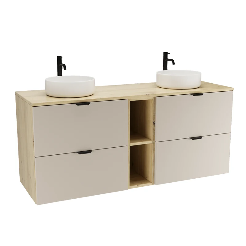 Badmöbel-Set: Waschtischunterschrank 140 cm mit Regal und 2 Waschbecken Orio - Kaschmir/Eiche artisan