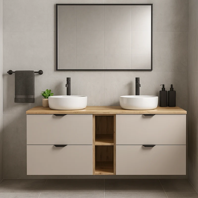 Badmöbel-Set: Waschtischunterschrank 140 cm mit Regal und 2 Waschbecken Orio - Kaschmir/Eiche artisan