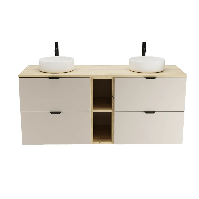 Badmöbel-Set: Waschtischunterschrank 140 cm mit Regal und 2 Waschbecken Orio - Kaschmir/Eiche artisan