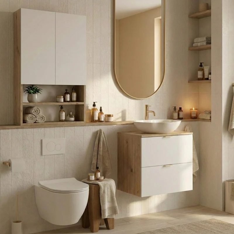 Badezimmer Hängeschrank 60 cm mit glatte Fronten Orio für Geberit - Weiß/Eiche artisan