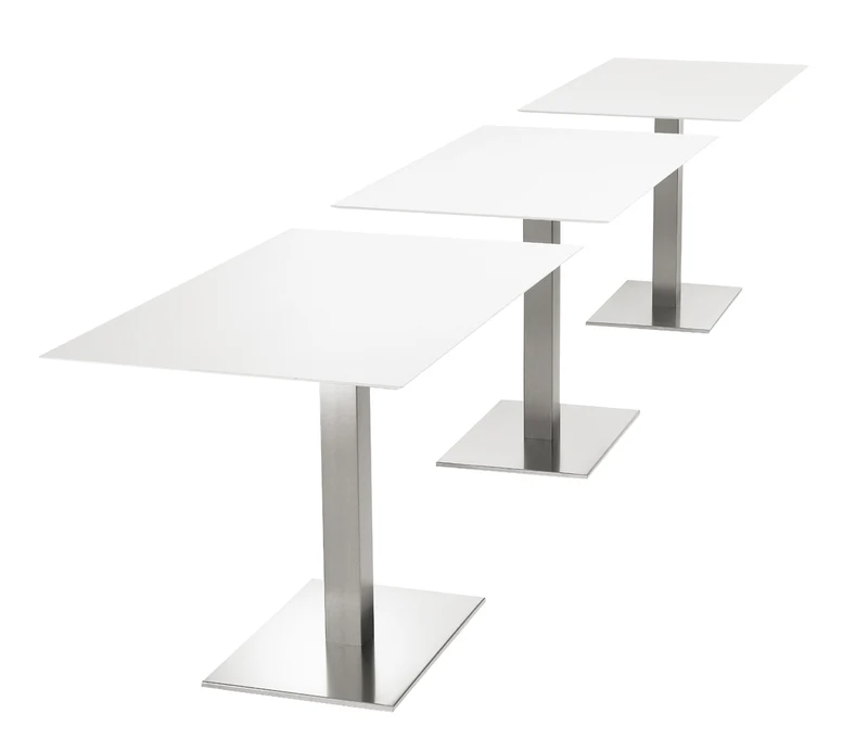 Design Tisch weiß, Gestell Edelstahl satiniert