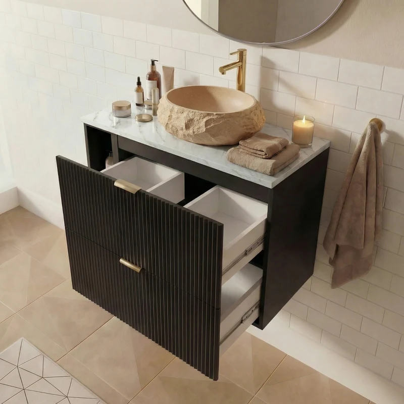 Badmöbel-Set: 100 cm Schrank mit Regal, Waschbecken und LED-Spiegel Willy - Schwarz, Marmor-Platte