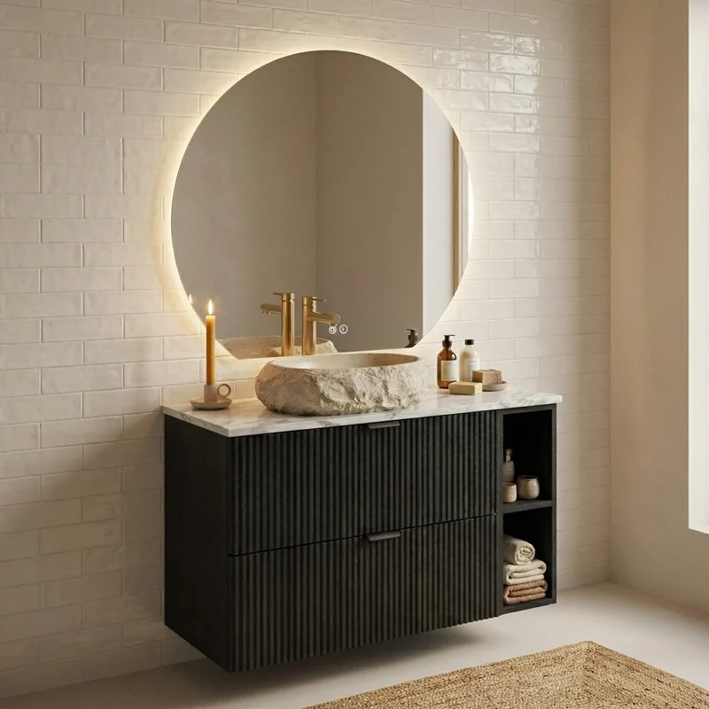Badmöbel-Set: 100 cm Schrank mit Regal, Waschbecken und LED-Spiegel Willy - Schwarz, Marmor-Platte