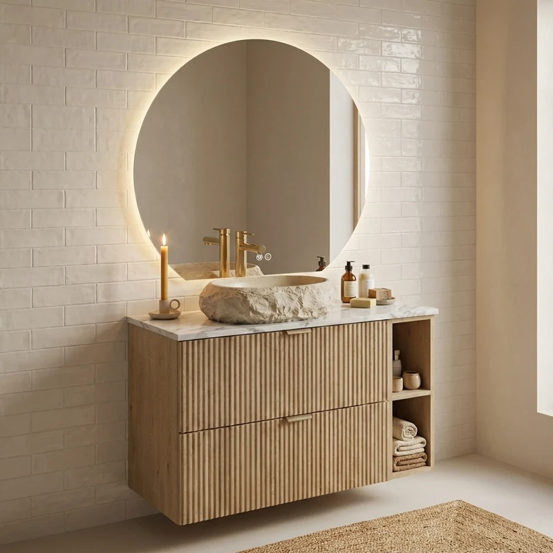 Badmöbel-Set: 100 cm Schrank mit Regal, Waschbecken und LED-Spiegel Willy - Eiche Cremona, Marmor-Platte