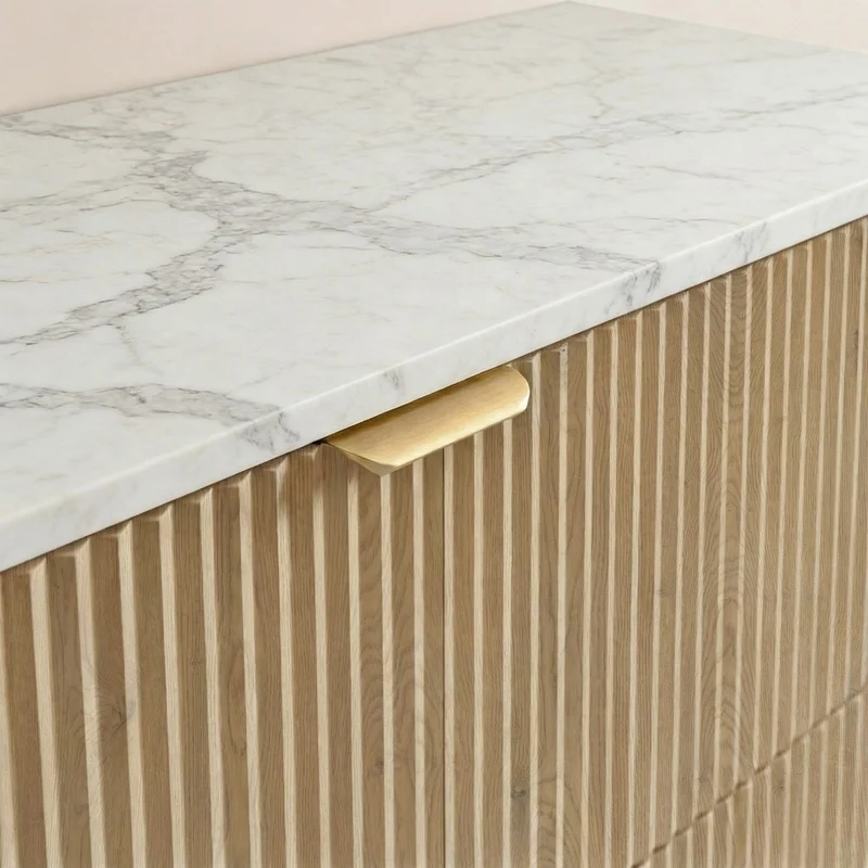 Badmöbel-Set: 100 cm Schrank mit Regal, Waschbecken und LED-Spiegel Willy - Eiche Cremona, Marmor-Platte