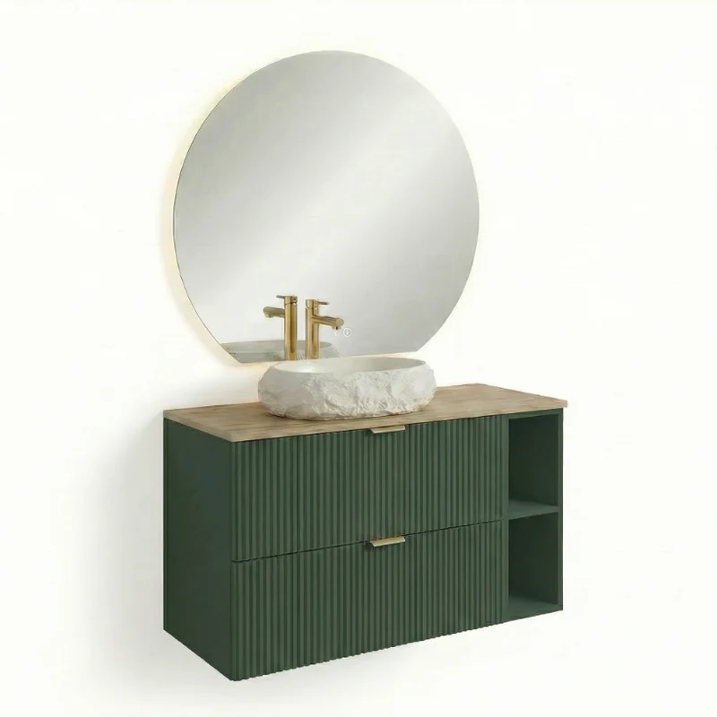 Badmöbel-Set: 100 cm Schrank mit Regal, Waschbecken und LED-Spiegel Willy - Salbei, Walnussplatte