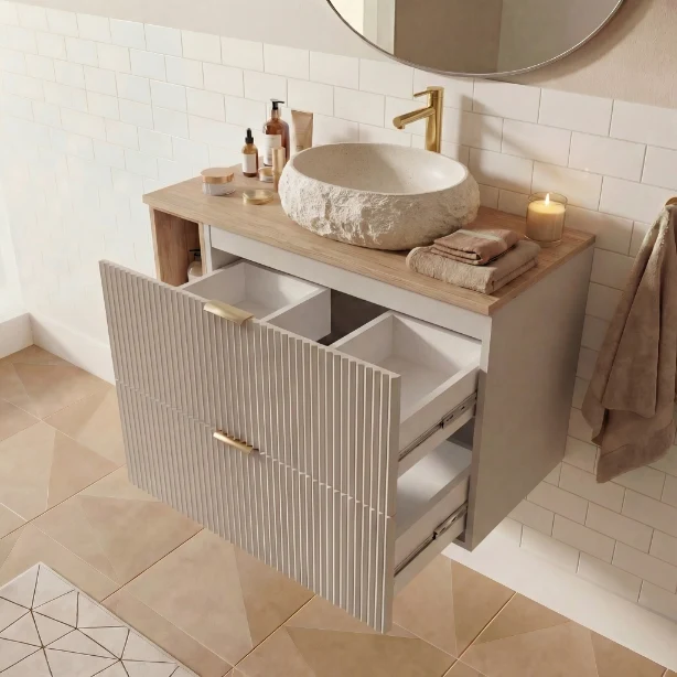 Badmöbel-Set: 100 cm Schrank mit Regal, Waschbecken und LED-Spiegel Willy - Kaschmir, Walnussplatte
