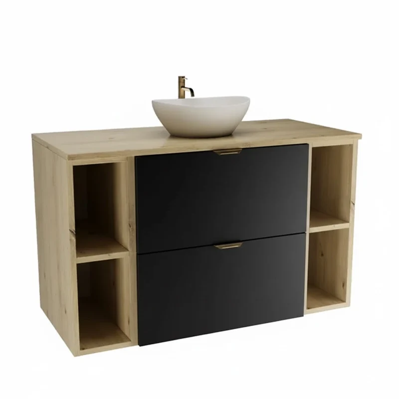 Waschtischunterschrank 100 cm mit 2 Regale Orio - Schwarz/Eiche Artisan