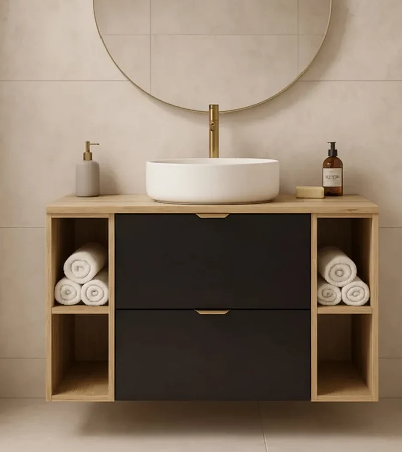 Waschtischunterschrank 100 cm mit 2 Regale Orio - Schwarz/Eiche Artisan