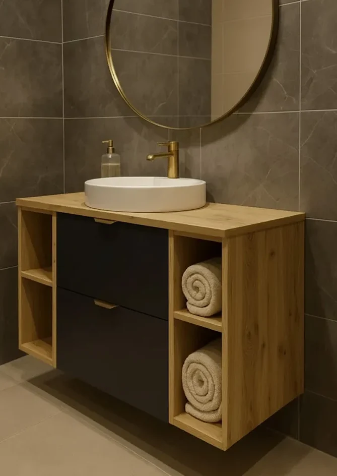 Waschtischunterschrank 100 cm mit 2 Regale Orio - Schwarz/Eiche Artisan