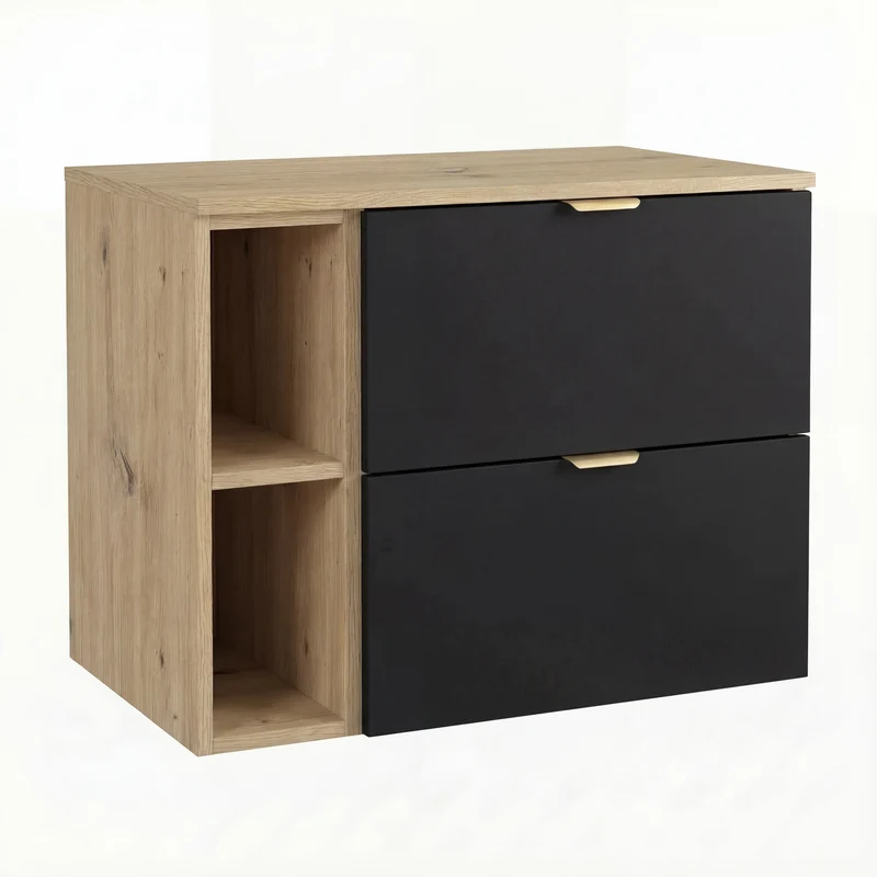 Waschtischunterschrank 80 cm mit Regal Orio - Schwarz/Eiche Artisan