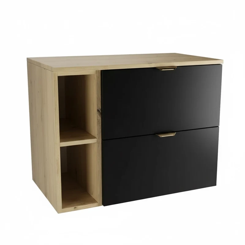 Waschtischunterschrank 80 cm mit Regal Orio - Schwarz/Eiche Artisan