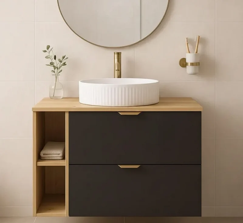 Waschtischunterschrank 80 cm mit Regal Orio - Schwarz/Eiche Artisan