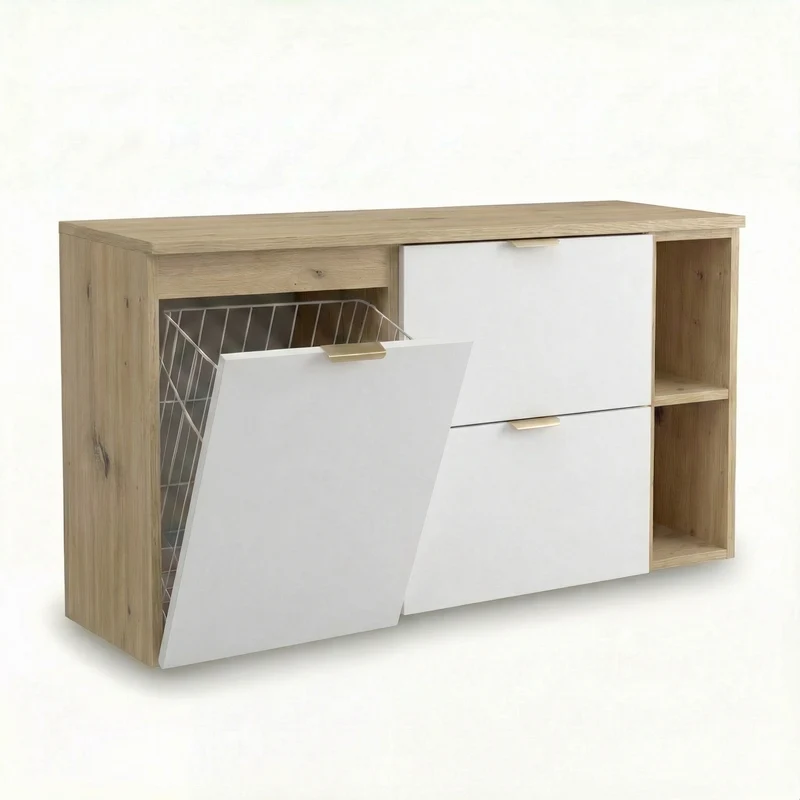 Waschtischunterschrank 120 cm mit Wäschekorb und Regal Orio - Weiß/Eiche artisan