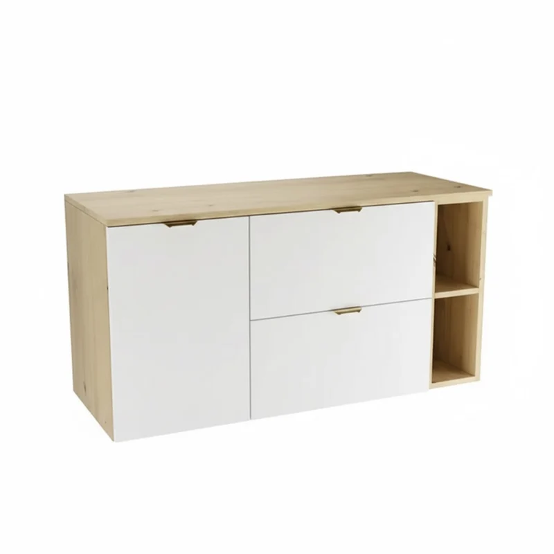 Waschtischunterschrank 120 cm mit Wäschekorb und Regal Orio - Weiß/Eiche artisan