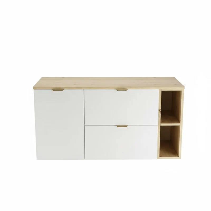 Waschtischunterschrank 120 cm mit Wäschekorb und Regal Orio - Weiß/Eiche artisan