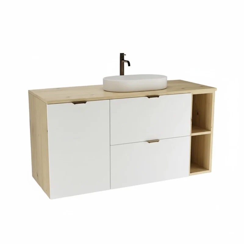 Waschtischunterschrank 120 cm mit Wäschekorb und Regal Orio - Weiß/Eiche artisan