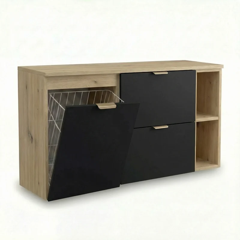 Waschtischunterschrank 120 cm mit Wäschekorb und Regal Orio - Schwarz/Eiche artisan