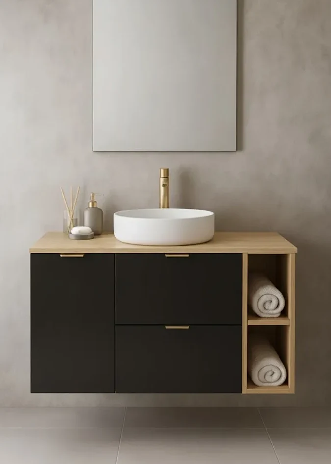 Waschtischunterschrank 120 cm mit Wäschekorb und Regal Orio - Schwarz/Eiche artisan