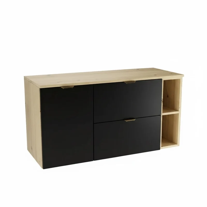 Waschtischunterschrank 120 cm mit Wäschekorb und Regal Orio - Schwarz/Eiche artisan