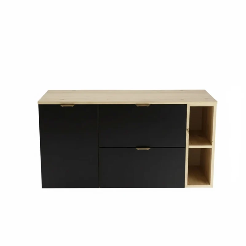 Waschtischunterschrank 120 cm mit Wäschekorb und Regal Orio - Schwarz/Eiche artisan
