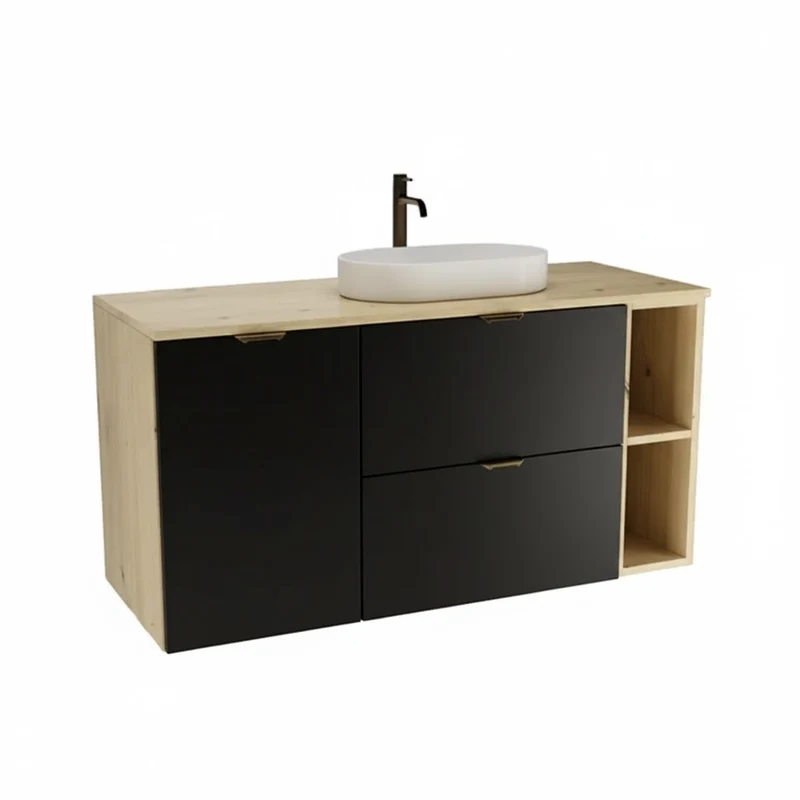 Waschtischunterschrank 120 cm mit Wäschekorb und Regal Orio - Schwarz/Eiche artisan
