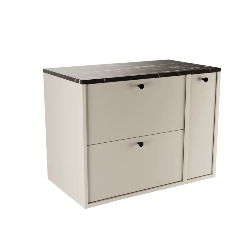 Waschtischunterschrank 80 cm mit Regal, glatte Fronten Belino - Kaschmir/Marmor Schwarz
