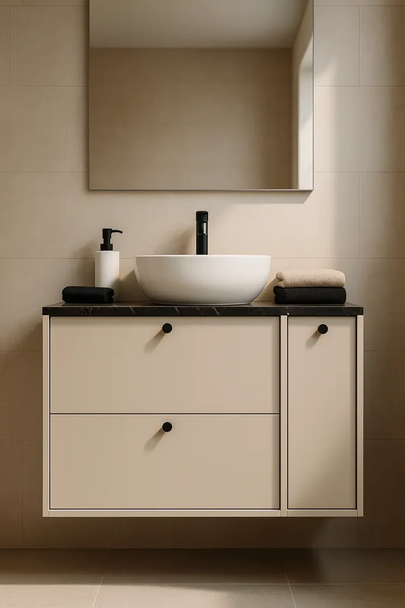 Waschtischunterschrank 80 cm mit Regal, glatte Fronten Belino - Kaschmir/Marmor Schwarz