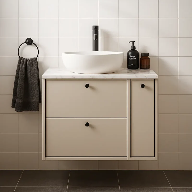 Waschtischunterschrank 80 cm mit Regal, glatte Fronten Belino - Kaschmir/Marmor Bianco