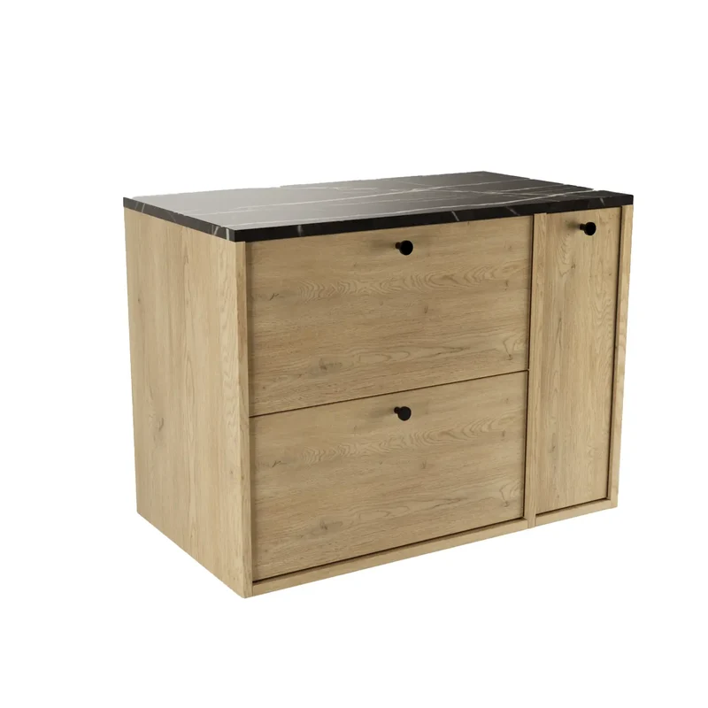 Waschtischunterschrank 80 cm mit Regal, glatte Fronten Belino - Eiche Cremona/Marmor Schwarz